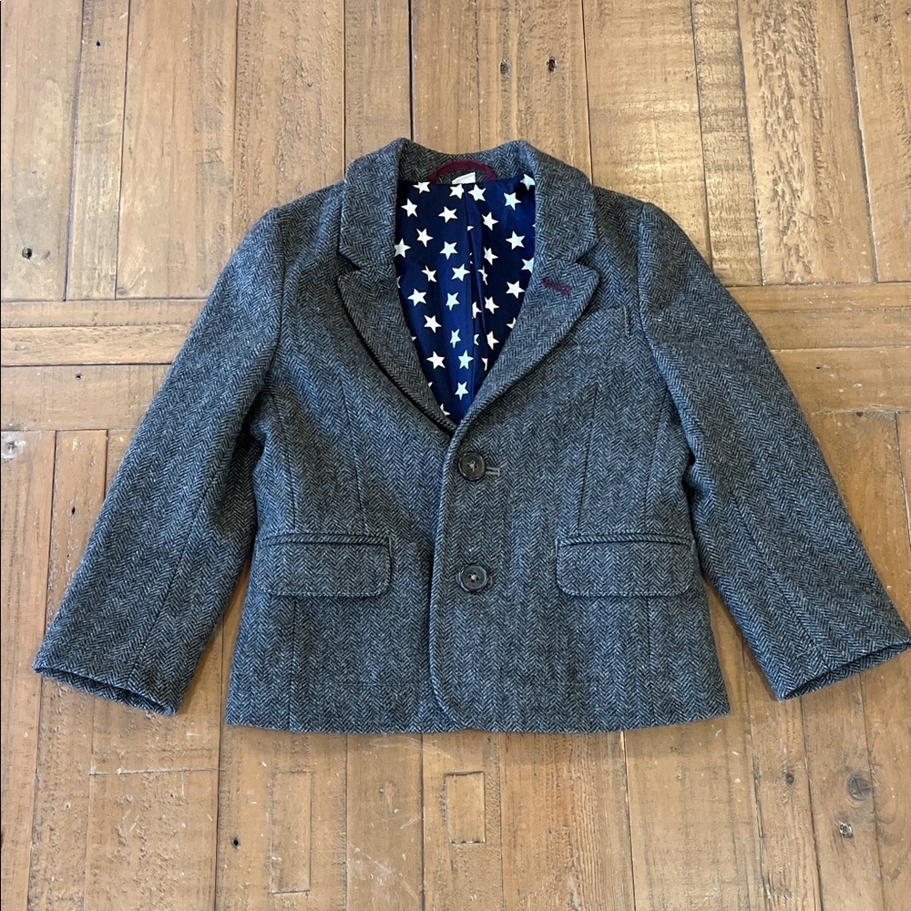 Mini Boden gray tweed wool blend blazer suit coat kids 3-4 years elbow patches